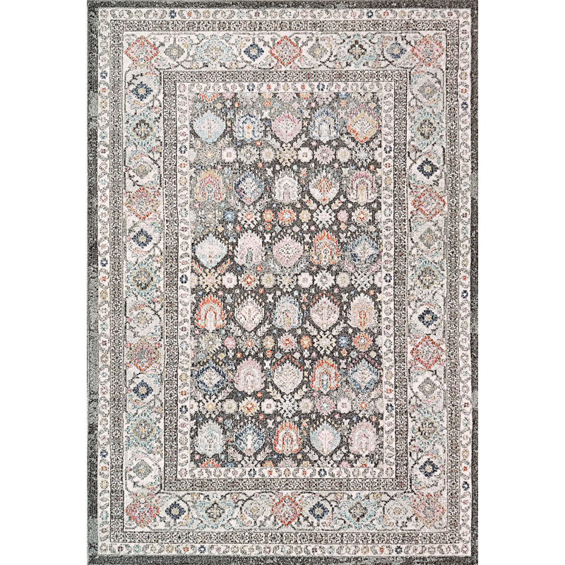 Tapis oriental gris anthracite / ivoire / corail, Rectangle 9,2 pi 12,6 pi