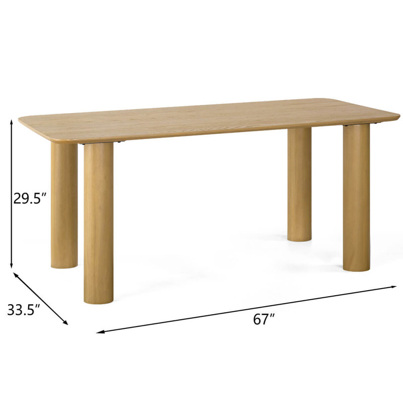 67" Rectangular Solid Oak Wood Pillar Leg Dining Table For 6, Light Oak