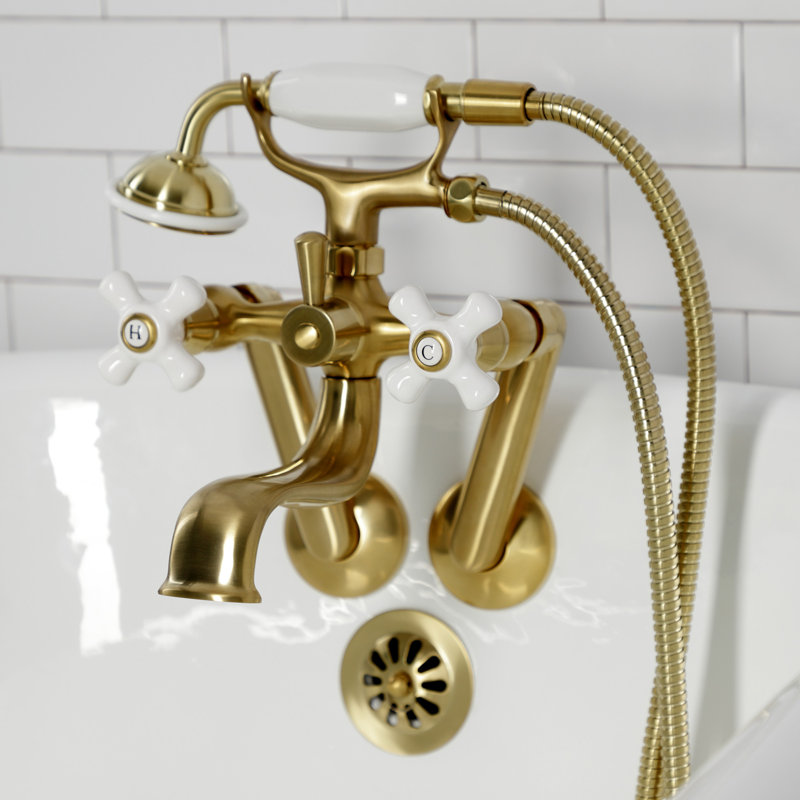 Kingston Brass Kingston Three-Handle 2-Hole Tub Wall Mount Clawfoot Tub Faucet with Hand Shower, Golden