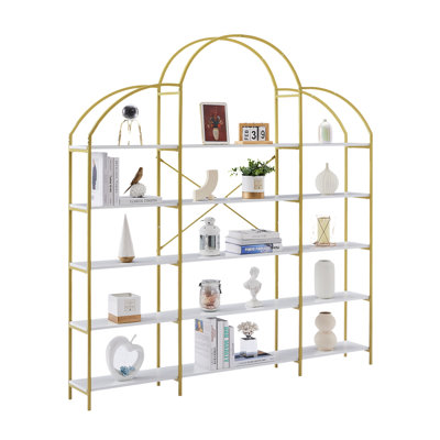 5-Tier Modern Gold Bookcase with Round Top & X-Bar Frame – Sturdy Display Shelf for Home, Office, or Living Room