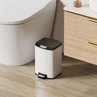 1.6 Gal Bathroom Trash Can, Soft-Close Stainless Steel Step Garbage Can w/ Square Wide Opening and Removable Inner Liner, For Kitchen, Bathroom, Bedroom, Home Office (White)