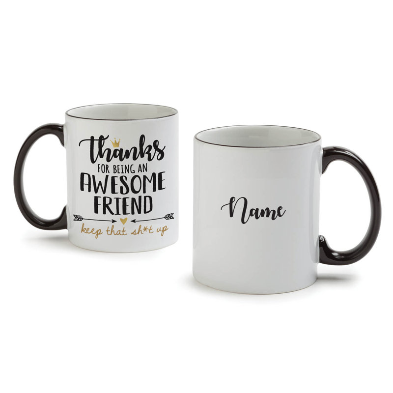 Tasse à café personnalisée avec humour amical et nom personnalisé imprimé sur tasse en porcelaine blanche avec bordure noire et poignée, 11 oz