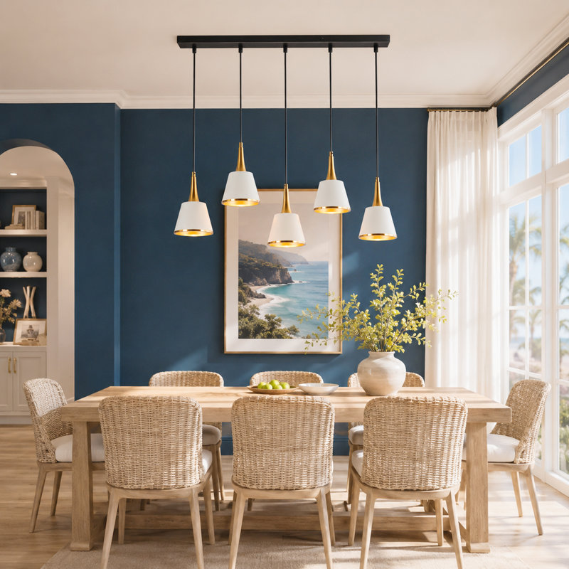 Suspension moderne à 5 lumières Kennesaw, à intensité variable, avec cône linéaire blanc et or, idéale pour îlot de cuisine.