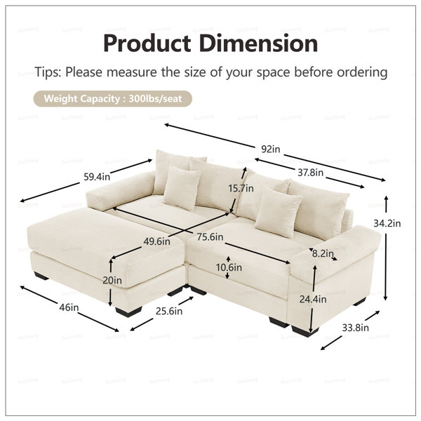 Latitude Run® 92 Inch Oversized Cloud Modular L-Shape Sectional Sofa ...