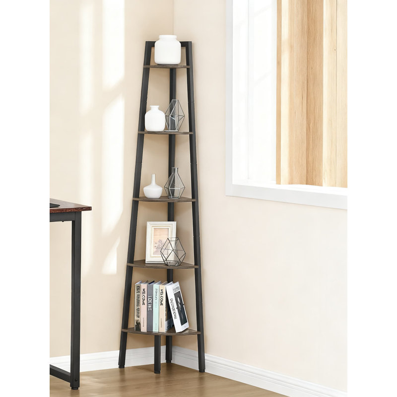 5-Tier Corner Shelf With Metal Frame, Industrial Ladder Display Stand For Living Room, Kitchen, Home Office And Small Spaces