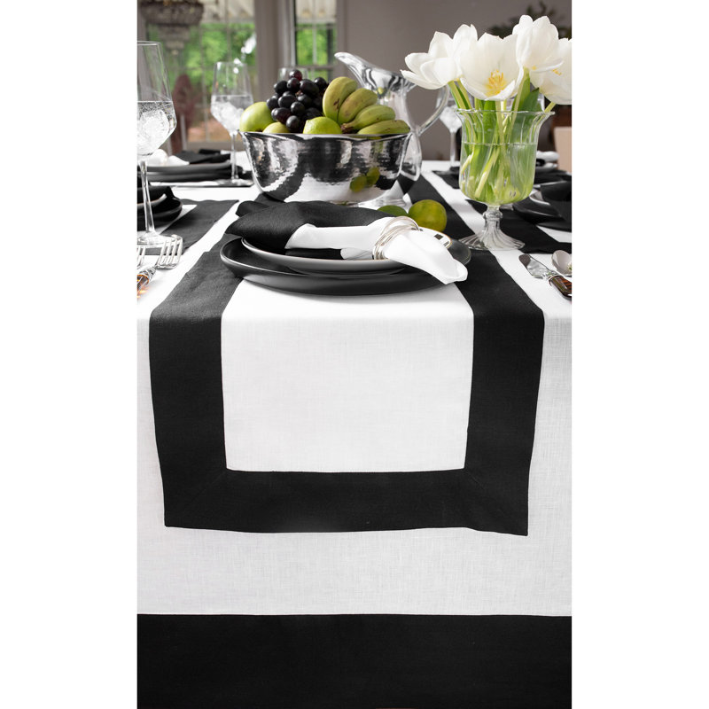 Contempo - 100% Pure Linen Table Runner, 48" x 14", Black/White