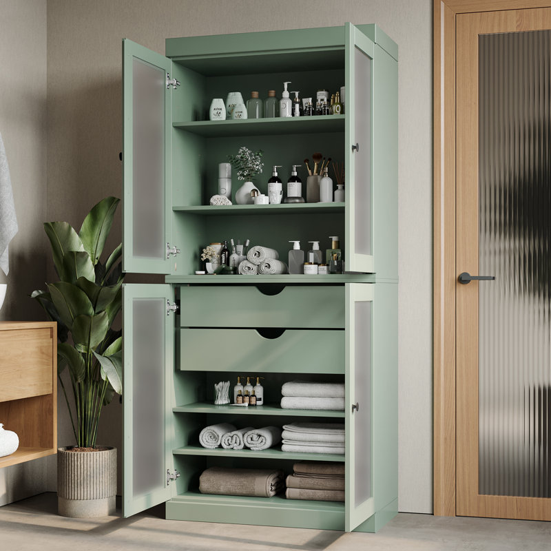  Armoire de rangement autoportante en bois massif l 32 po x H 71,5 po avec portes en verre givré, 2 tiroirs et tablettes réglables - Organisateur de salle de bain moderne