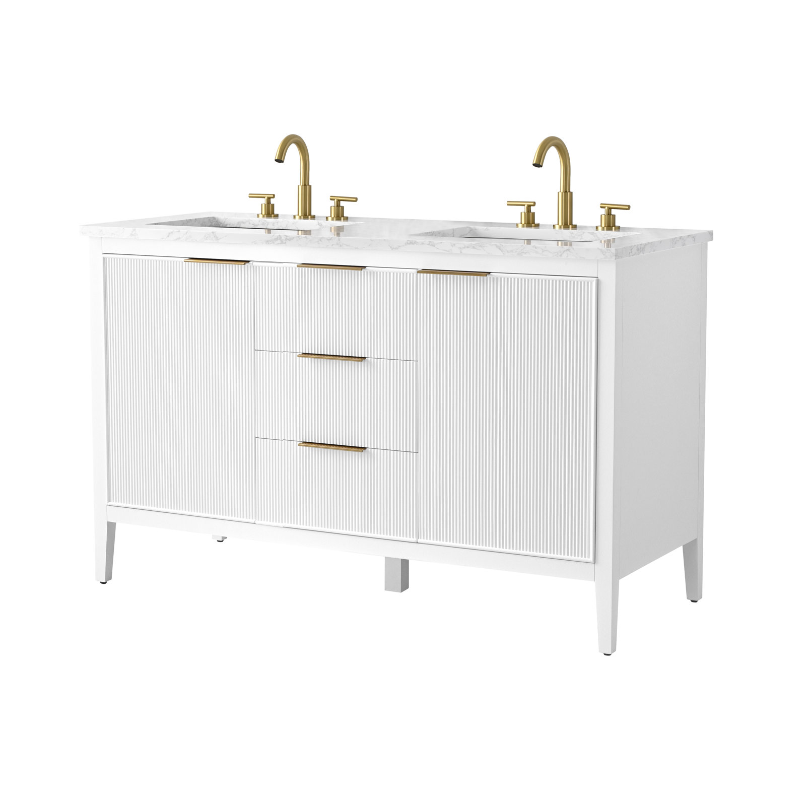 Bilroy 54" Pine Double Bathroom Vanity, White/Brushed Bronze