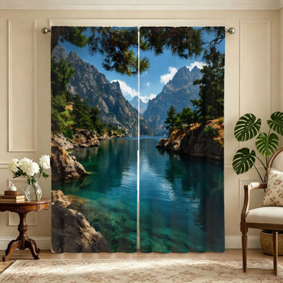 2Pcs Serene Lake Mountain Landscape Curtains, Light Filtering Fabric, Majestic Scenery Print, Sunshade and Privacy Protection, Rod-Pocket Design, Suitable for Living Room, Bedroom, Balcony, Kitchen Home Decoration