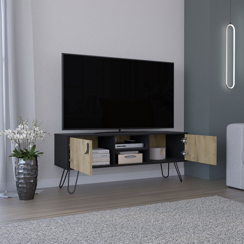 Meuble télé avec pieds en épingle à cheveux avec meuble télé et 2 portes, Pin