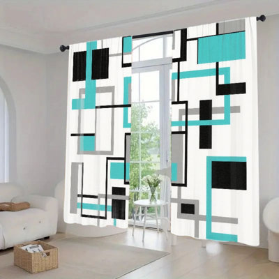 2Pcs rideaux à motifs géométriques modernes, blocs abstraits Art Design rideaux décoratifs avec passe-tringle pour salon, chambre à coucher, cuisine, décoration intérieure, rideau filtrant la lumière