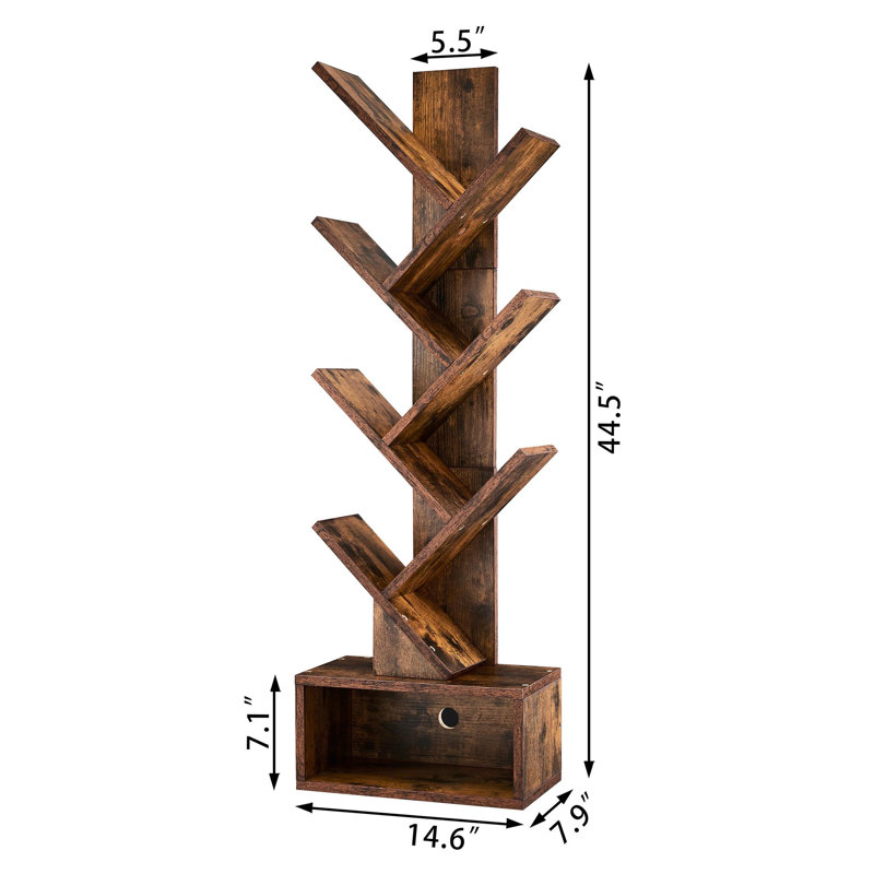 Vintage 6-Tier Tree Bookshelf With Drawer - Waterproof & Scratch Resistant, Walnut