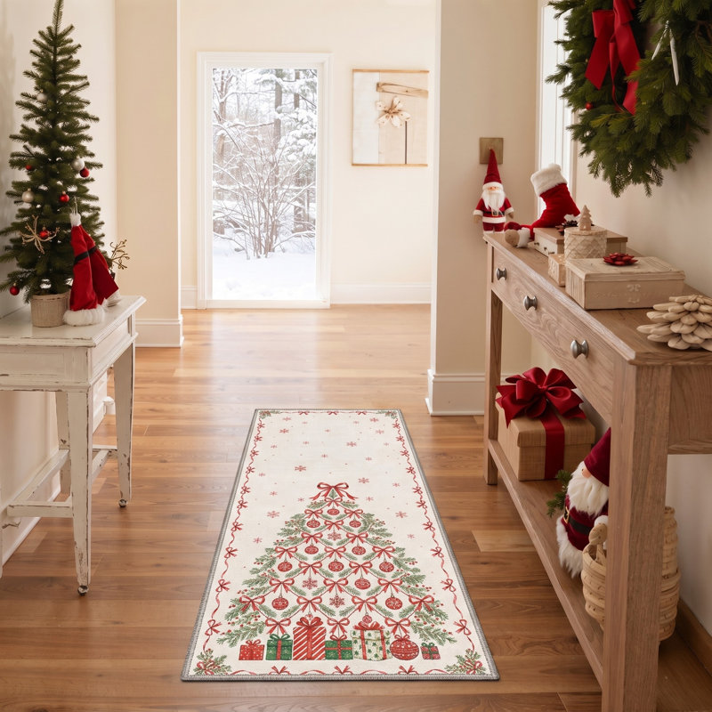 Tapis de couloir floral ivoire / rouge lavable à la machine avec envers antidérapant, Tapis de couloir 2 pi 6 po x 8 pi