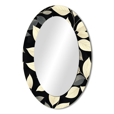 Black Beige Leaves Gentle Breeze II - Black Oval Wall Mirror Decor
