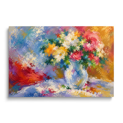 Multicolor Canvas Still Life Oil Painting, Painterly Vase and Bouquet Wall Art for Living Room Dining Room and Bedroom