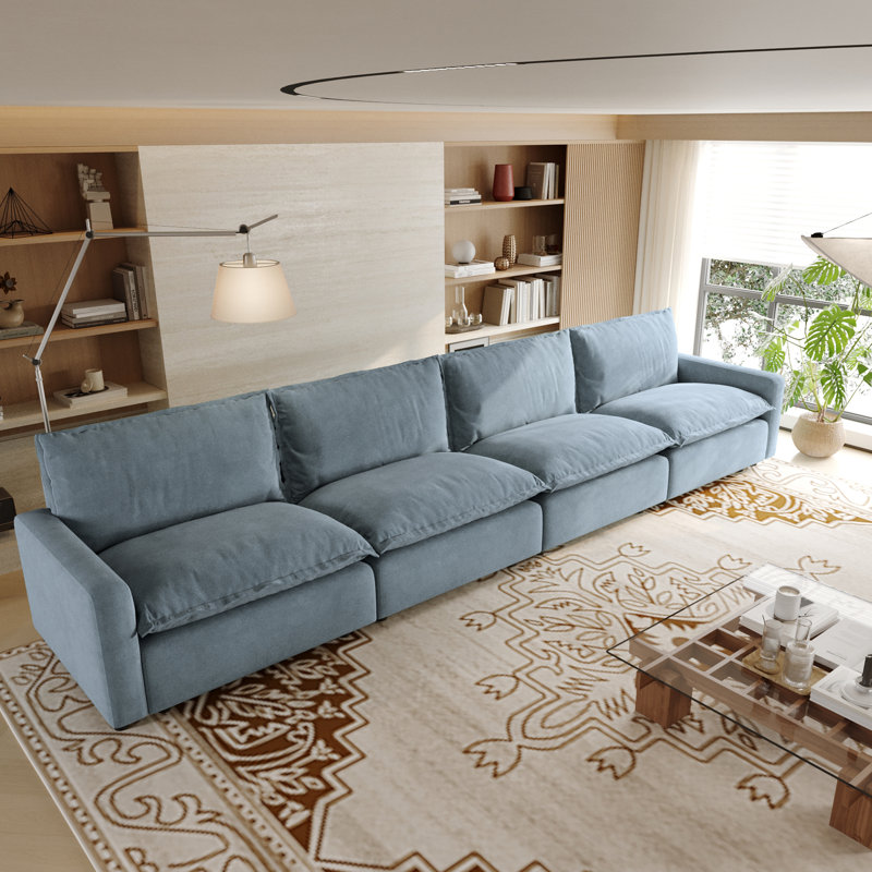 4-Piece Upholstered Modular Linen Fabric Sectional Sofa, Blue Linen