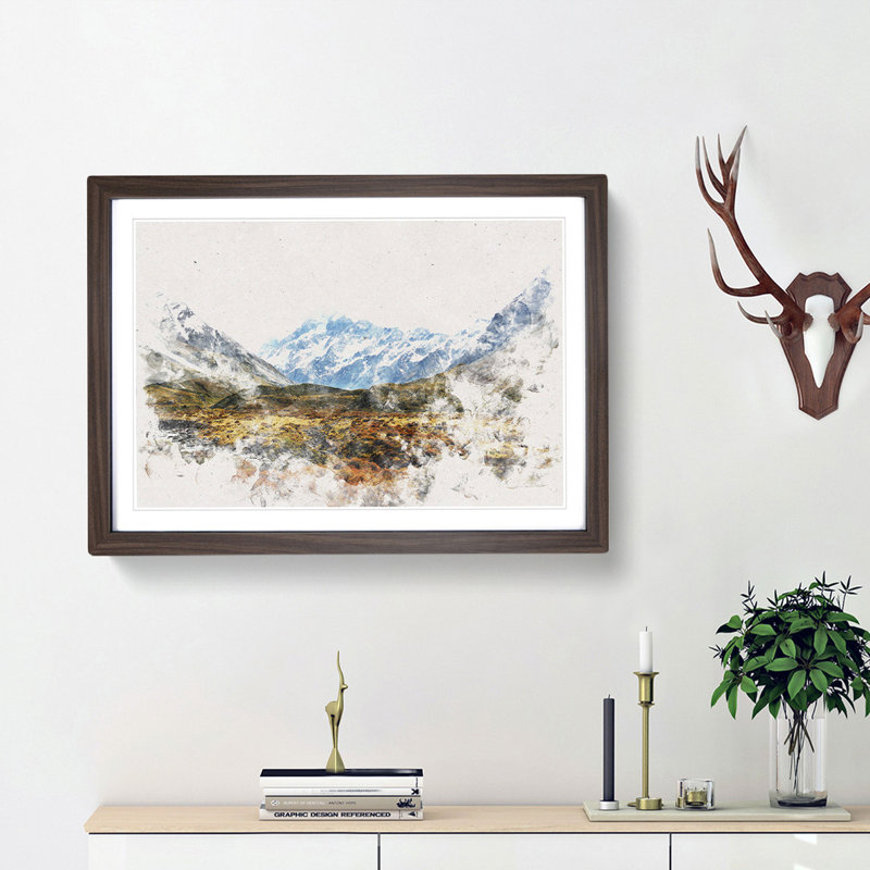 Aoraki Mount Crook New Zealand Watercolour - Picture Frame Graphic Art Print, 36cm H x 48cm W x 2cm D, Walnut Framed