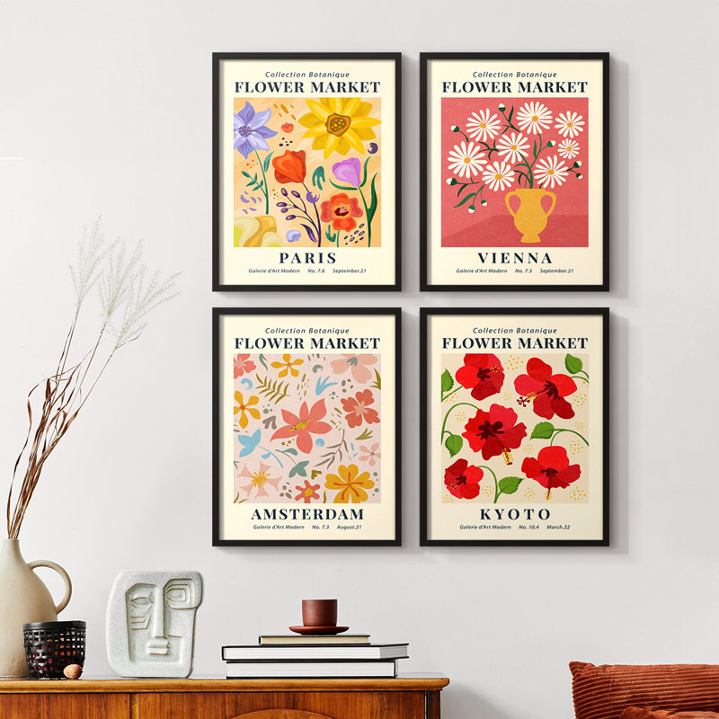 «Vintage Floral Print», impression encadrée - ensemble de 4, Noir, H 44 po x l 14 po