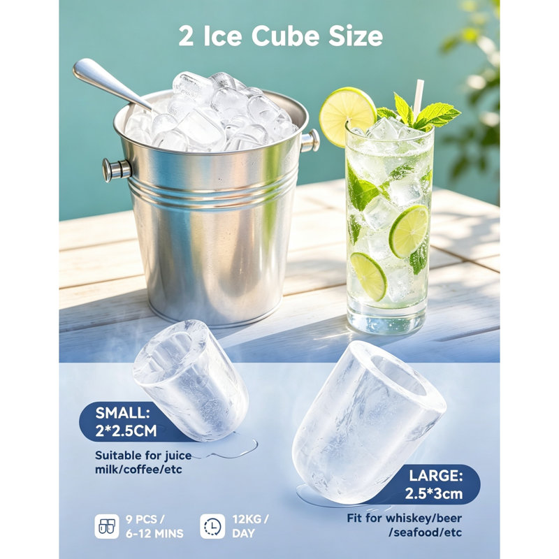 Self-Cleaning Portable Bullet Ice Maker with Handle, 12Kg/24H Fast Ice Machine, 9 Cubes in 6 Mins, Includes Ice Scoop & Basket