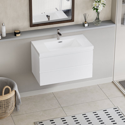 Meuble-lavabo flottant moderne 36 po avec lavabo en résine, armoire de rangement murale, tiroirs à fermeture en douceur, finition blanc brillant