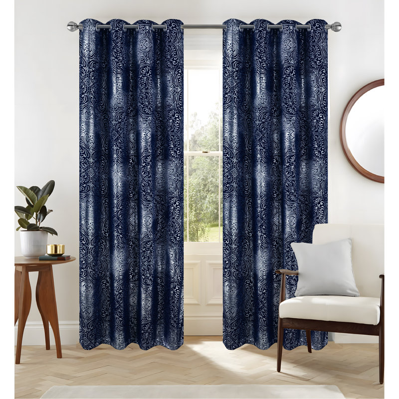 Helena Foil Print Room Darkening Window Curtain, Navy Blue