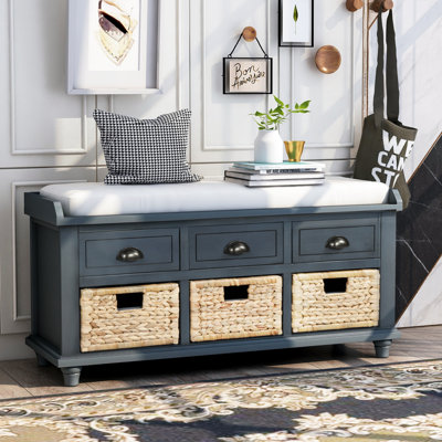 Banc de rangement rustique avec 3 tiroirs et 3 paniers en rotin