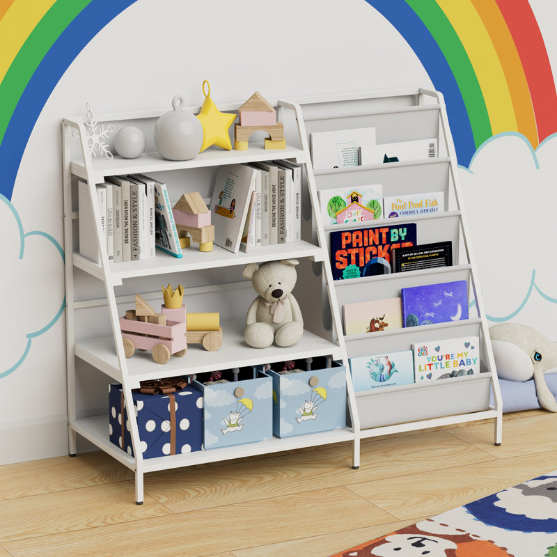 Johnson Metal Book Display, Bookshelf And Toy Storage Organizer - 4 Tier Book Shelf, White/Gray