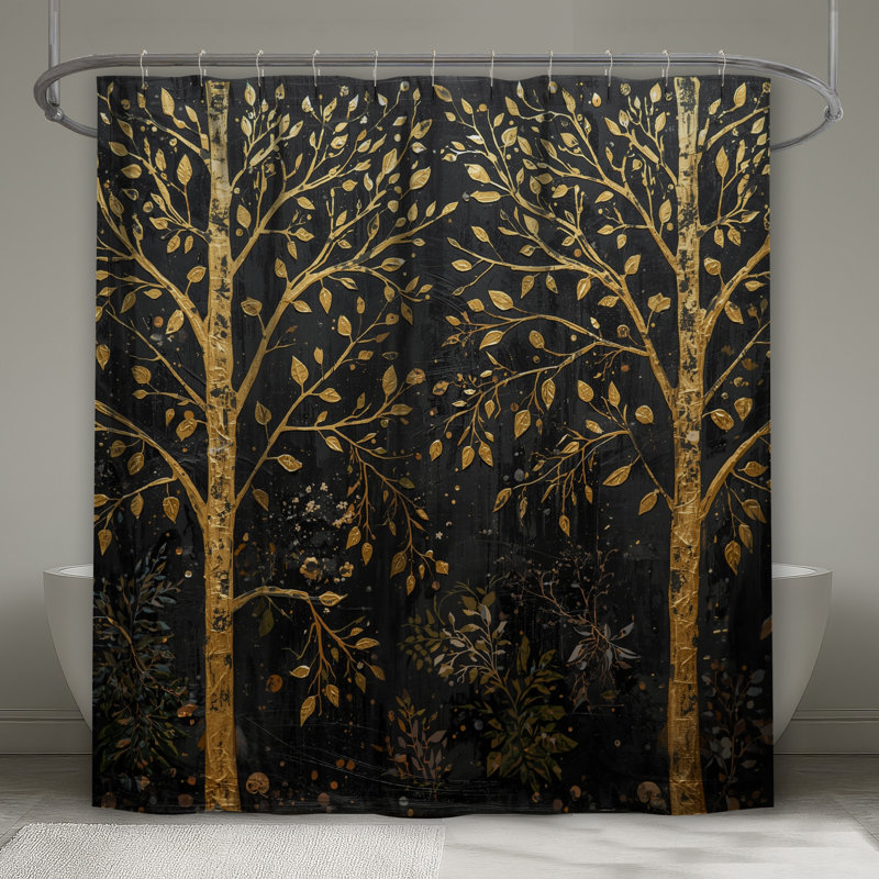 Arbres dorés sur des rideaux de douche noirs très longs, L 70 po x H 84 po