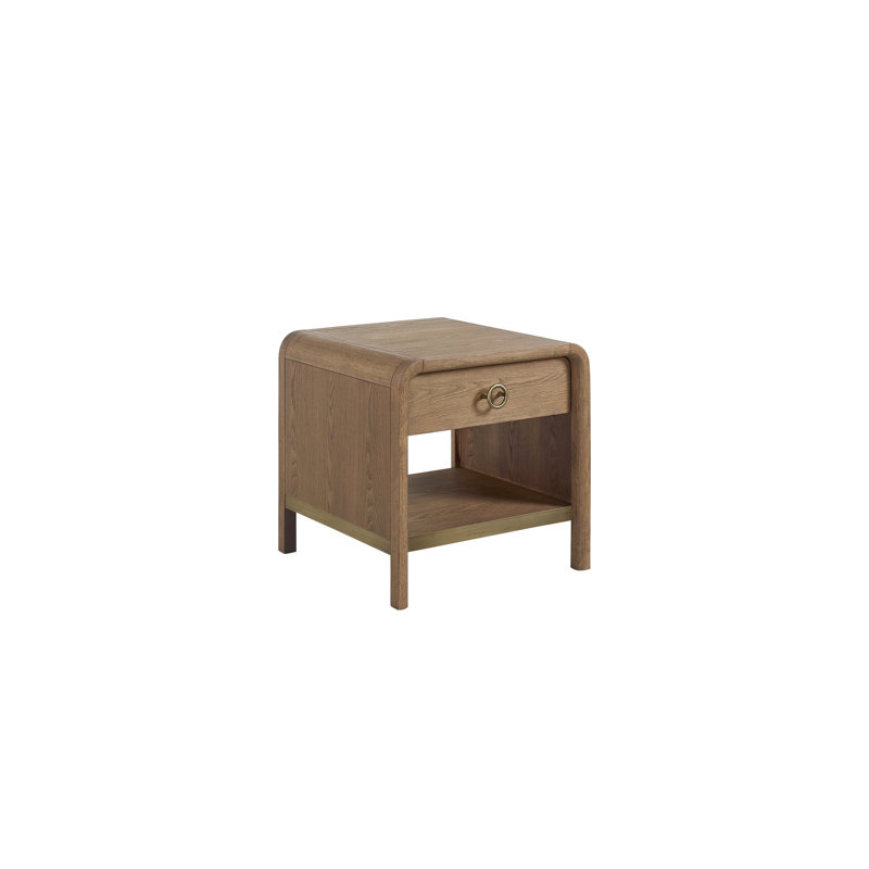 Table de bout Waterfall en brun, placages, courbes, design contemporain, tiroir de rangement et tablette, table en latte d'une largeur de 24,45 po, fabriquée en bois massif et plus douce, 63 lb