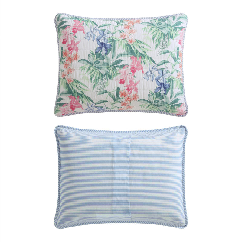 Island Orchid Quilt, White/Green/Pink, Queen Quilt + 2 Standard Shams