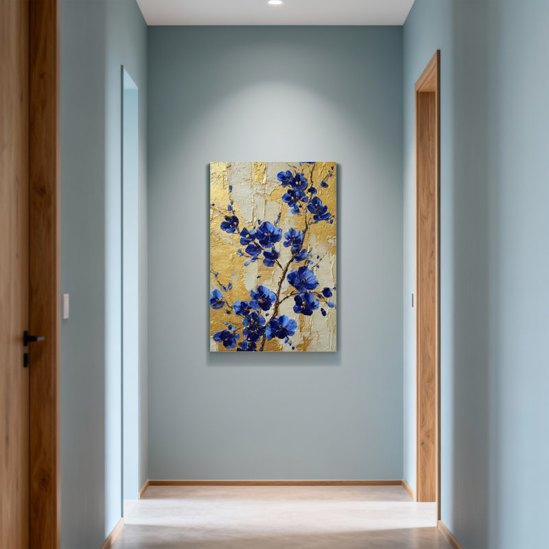 Plantes et fleurs fleurs bleues sur fond doré, H 20 po x l 30 po