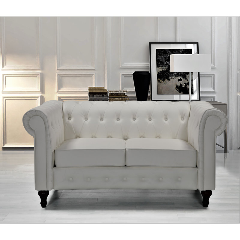 Ariclia 61.02" Round Arm Chesterfield Loveseat, Cream Faux Leather