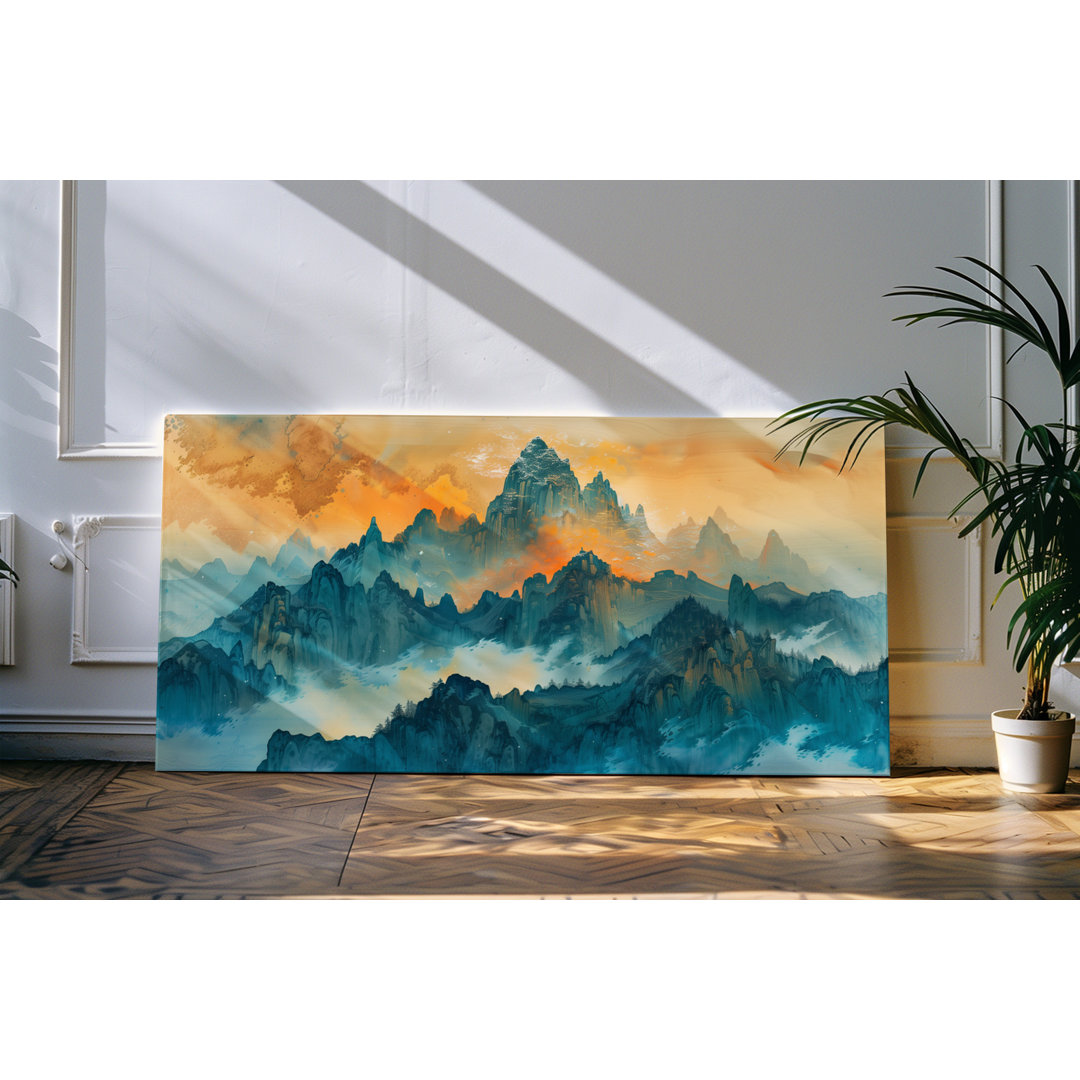 Gerahmtes Bild auf Leinwand 120x60cm Gebirge Berge Natur Kunstvoll roter Himmel Nebel