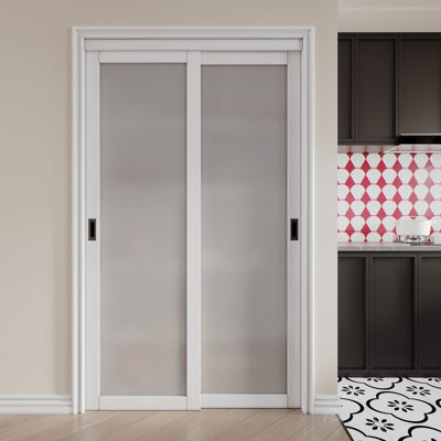 80" Frosted Glass Sliding Closet Door for Closet & Pantry Tempered Safety Glass Space Saving Design Easy Install Hardware Included