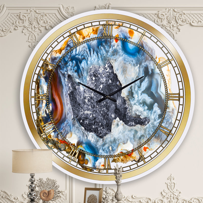 Horloge murale moderne calcédoine quartz or et bleu II, Grand