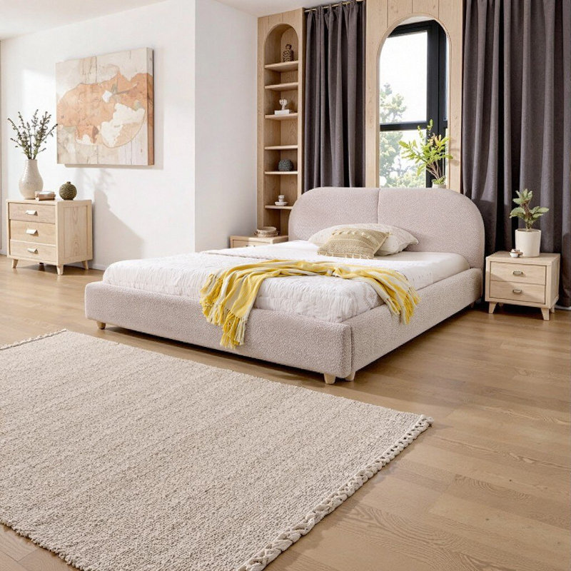 Cadre de lit tapissier élégant pour grand lit - rose minimaliste moderne avec une grande tête de lit incurvée, Rose