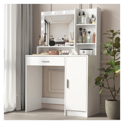 Bureau de coiffeuse blanc avec miroir et lumière, coiffeuse de maquillage avec 3 modes d'éclairage, grand tiroir et coiffeuse de rangement à 3 niveaux pour la chambre à coucher