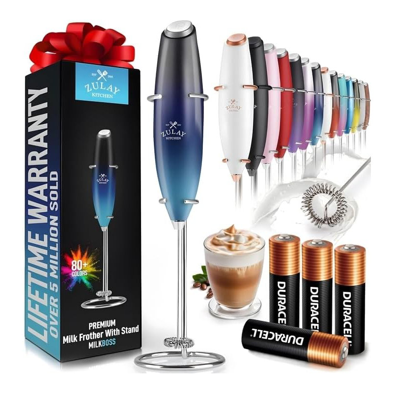 Zulay Kitchen Milk Frother with Batteries 4pcs Duracell Included - Handheld Milk Frother Wand Drink Mixer for Coffee, Latte, Cappuccino, Tea, Hot Chocolate