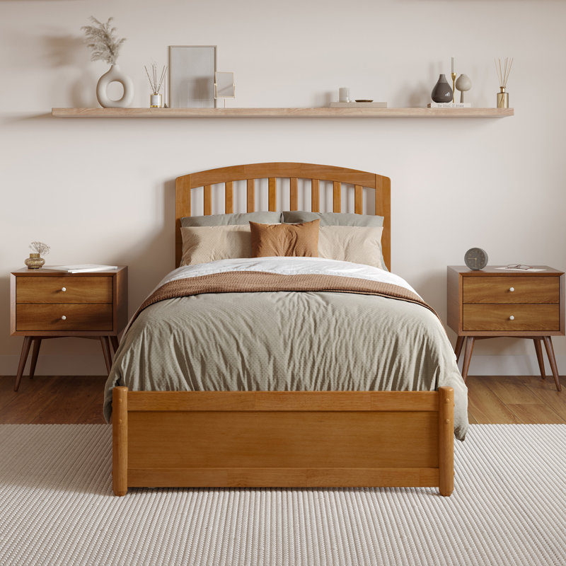 Lamari Solid Wood Storage Platform Bed with Footboard & Under Bed Drawers, Twin XL, Light Toffee