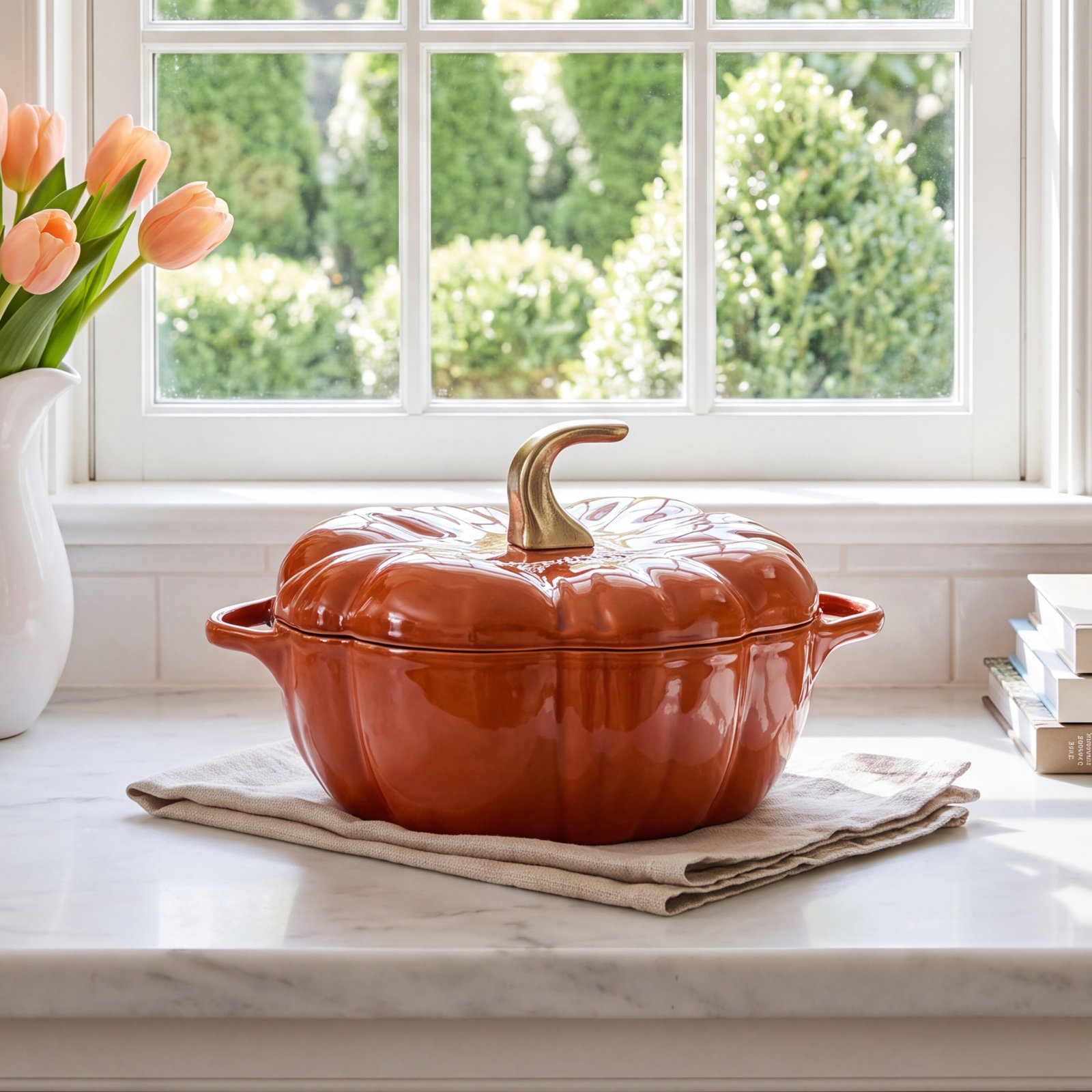 Enameled Cast Iron Pumpkin Dutch Oven, Brunt Orange
