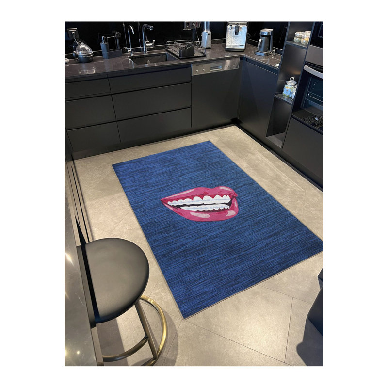 Tapis décoratif moderne à motif de lèvres bleues, Sous-tapis carré 3 pi 3 po inclus