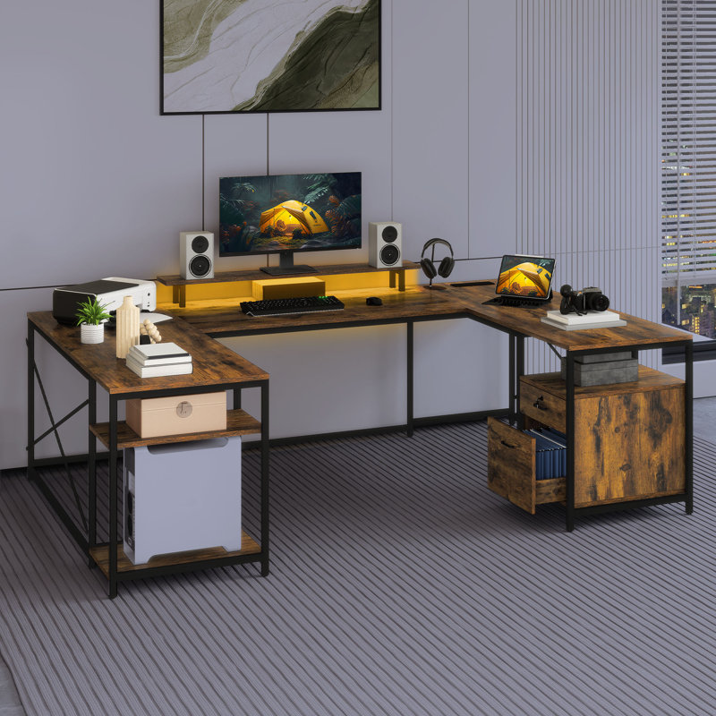  78.7'' U Shaped Reversible Desk With Power Outlets, LED Lights & Monitor Stand, Brown/Black