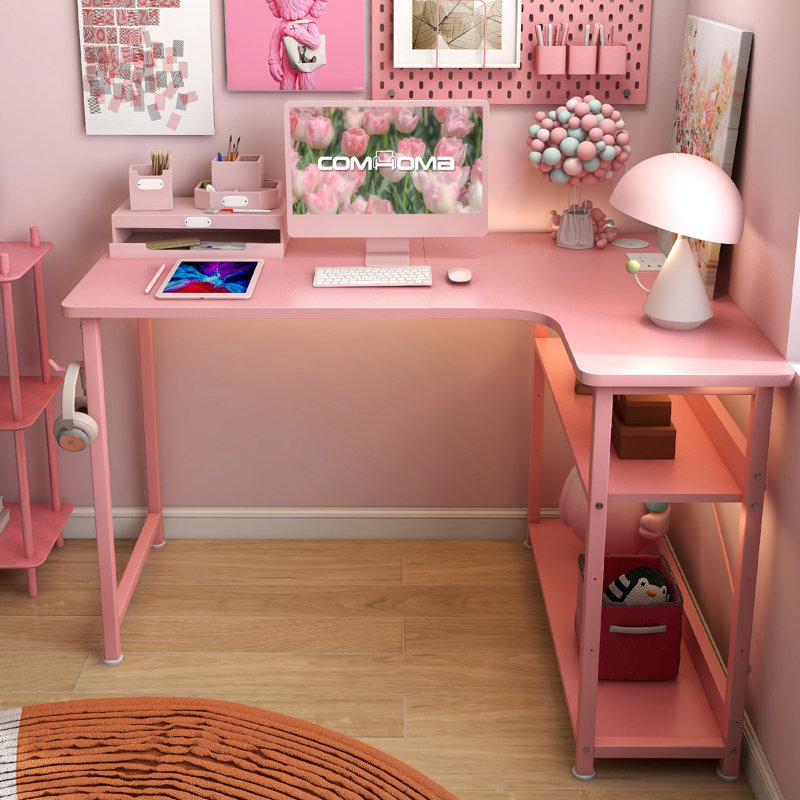 Hofstra L-Shaped Metal Base with Power Outlet Desk, Pink/Pink, 74cm H x 110cm W x 80cm D