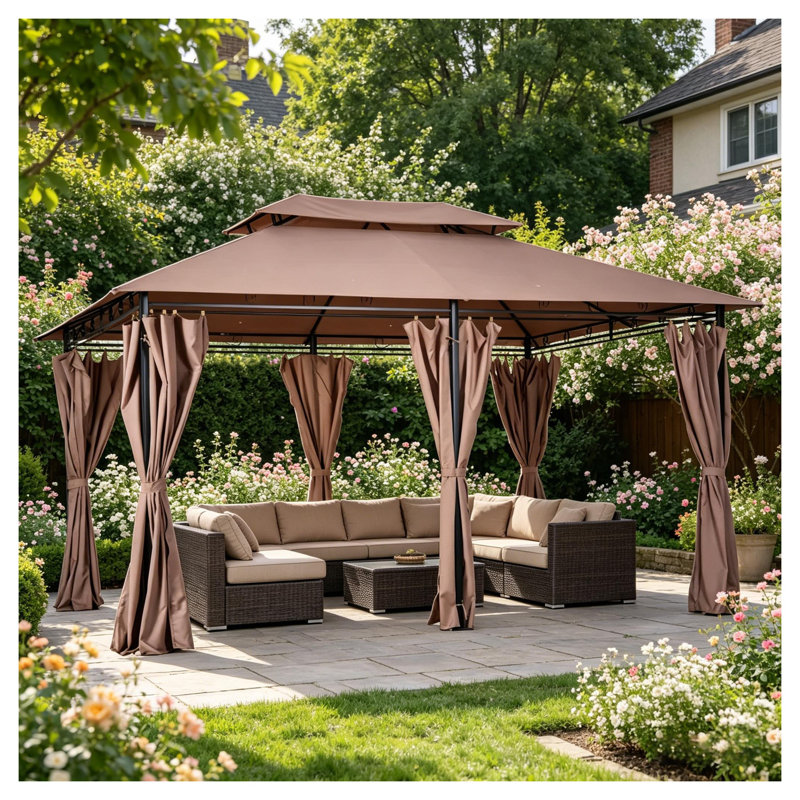 Rectangular Outdoor Gazebo with Canopy, Curtains, and Steel Frame, Khaki