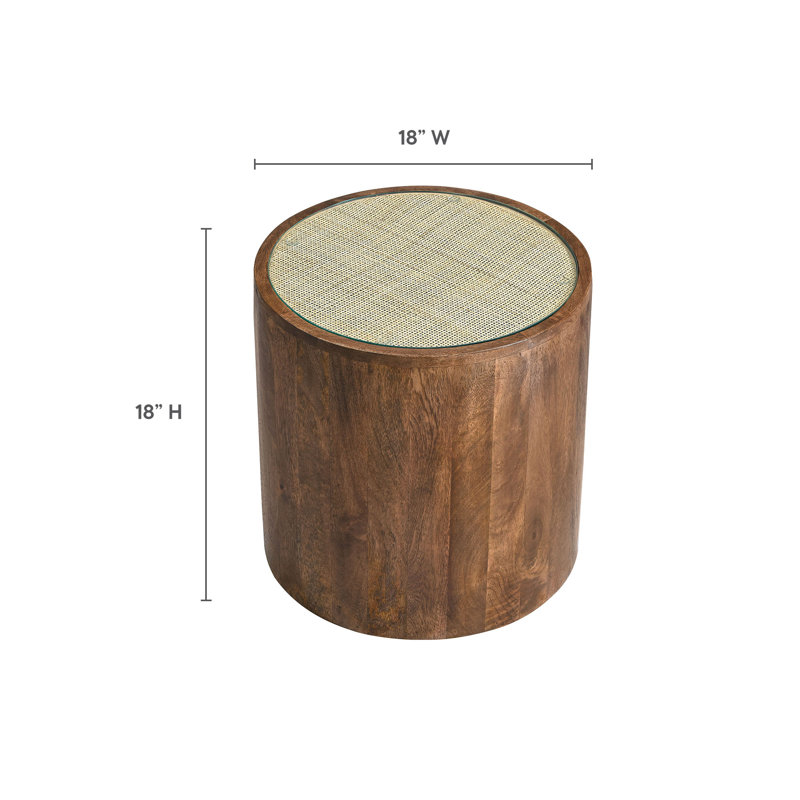Truett Round Walnut Wood Rattan Side Table with Glass Top