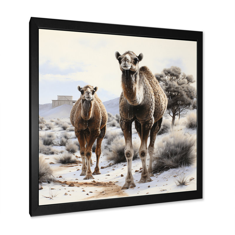 Camel force silencieuse pointillisme sur toile, Cadre simple noir, H 30 po x l 30 po x P 1 po