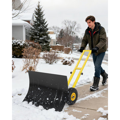 Pelle à neige avec roues, poignée réglable et lame inclinée, chasse-neige à double tige pour entrée (l 29,1 po x H 19,8 po)