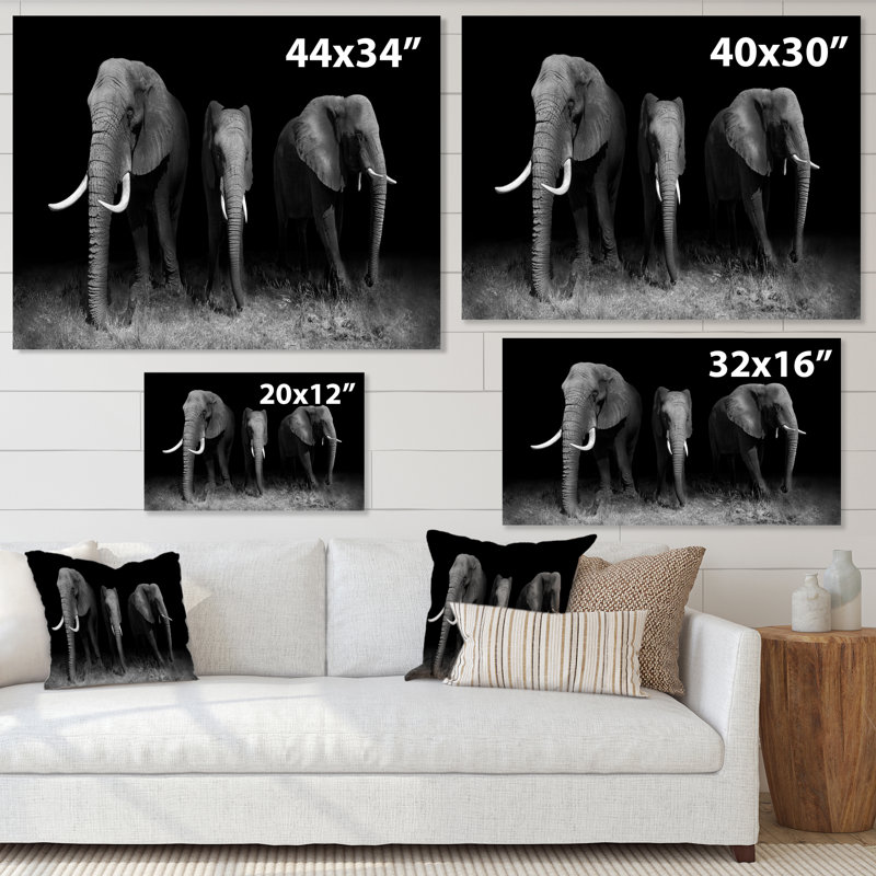 Éléphants en noir et blanc - art mural traditionnel sur toile, H 8 po x l 12 po x P 1,5 po, Toile tendue