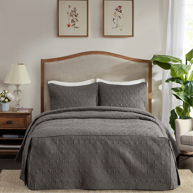 3 Piece Bedspread In Dark Grey For Queen Bed. Microfiber, 100% Fill, Pleated Corners, , Luxurious With Detail And Soft Touch.