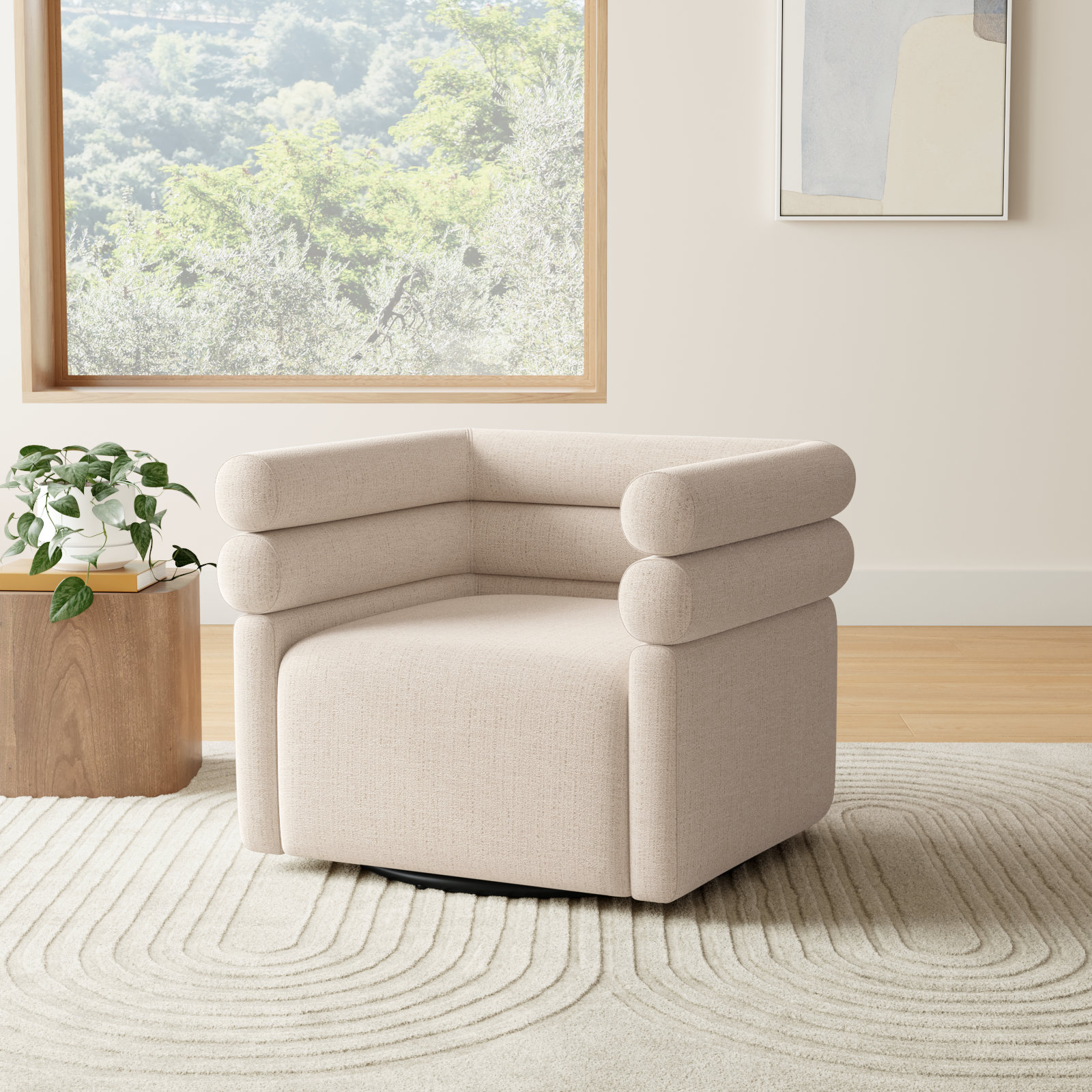 Arve 32.25" W Swivel Armchair, Cream Polyester Blend